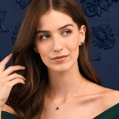 Gold Plated Sterling Silver Green Cubic Zirconia Cushion Halo Stud Earrings