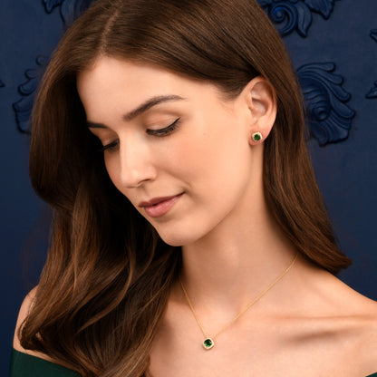 Gold Plated Sterling Silver Green Cubic Zirconia Cushion Halo Stud Earrings