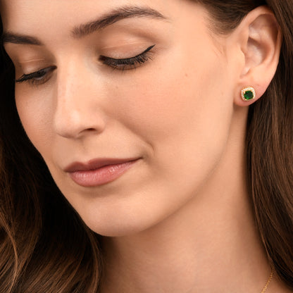Gold Plated Sterling Silver Green Cubic Zirconia Cushion Halo Stud Earrings