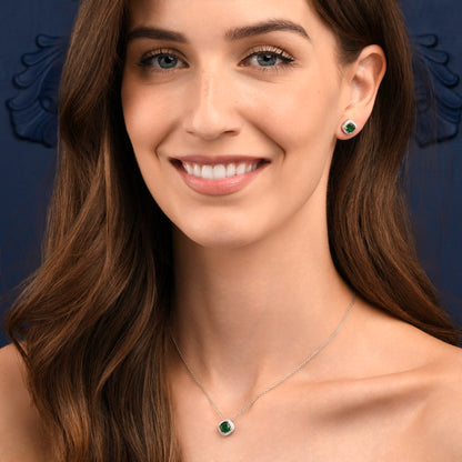 925 Sterling Silver Green Cubic Zirconia Cushion Halo Stud Earrings