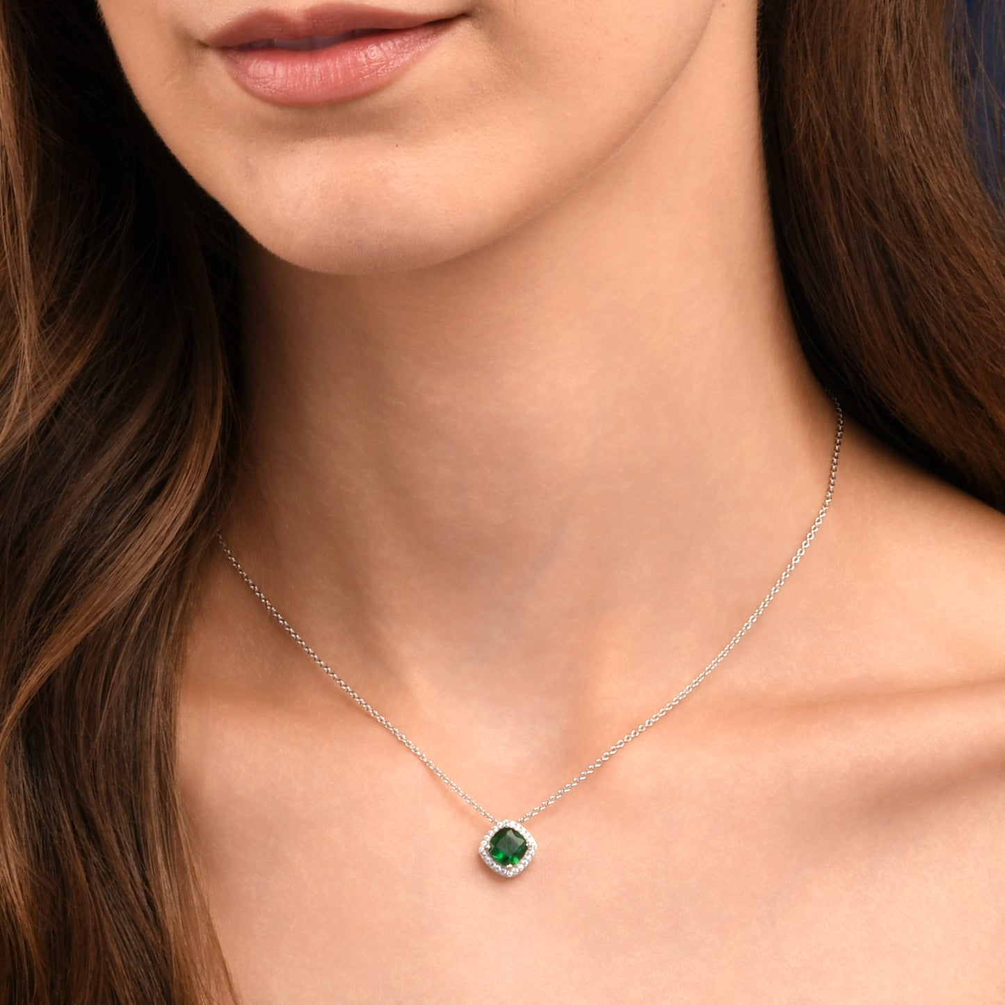 925 Sterling Silver Green Cubic Zirconia Cushion Halo Pendant Necklace