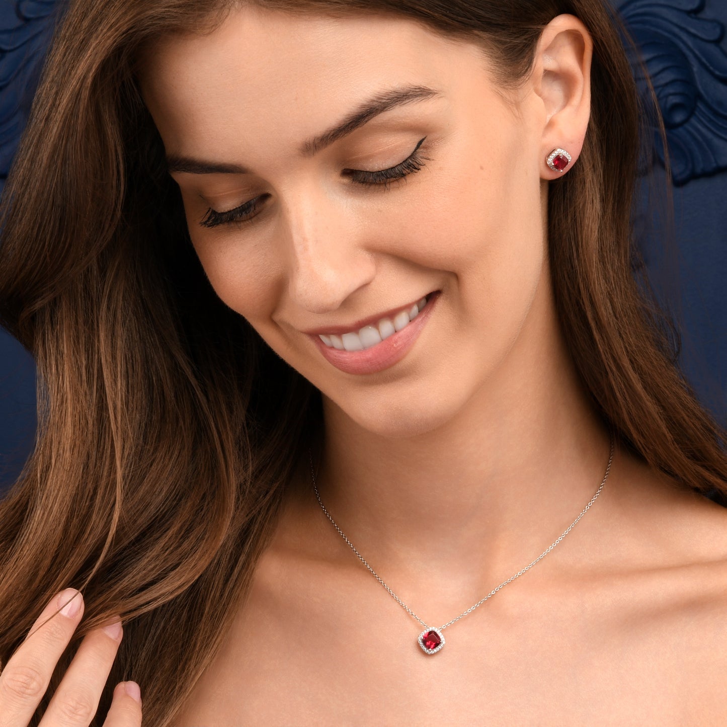 925 Sterling Silver Red Cubic Zirconia Cushion Halo Stud Earrings