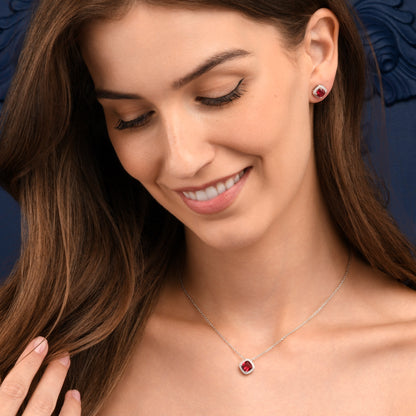 925 Sterling Silver Red Cubic Zirconia Cushion Halo Stud Earrings