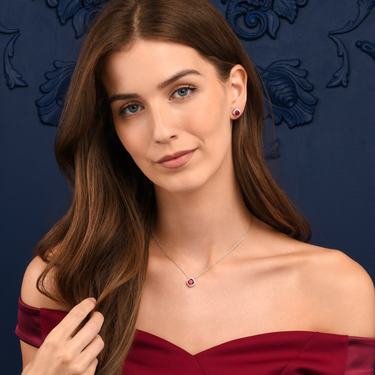 925 Sterling Silver Red Cubic Zirconia Cushion Halo Stud Earrings