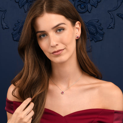 925 Sterling Silver Red Cubic Zirconia Cushion Halo Stud Earrings