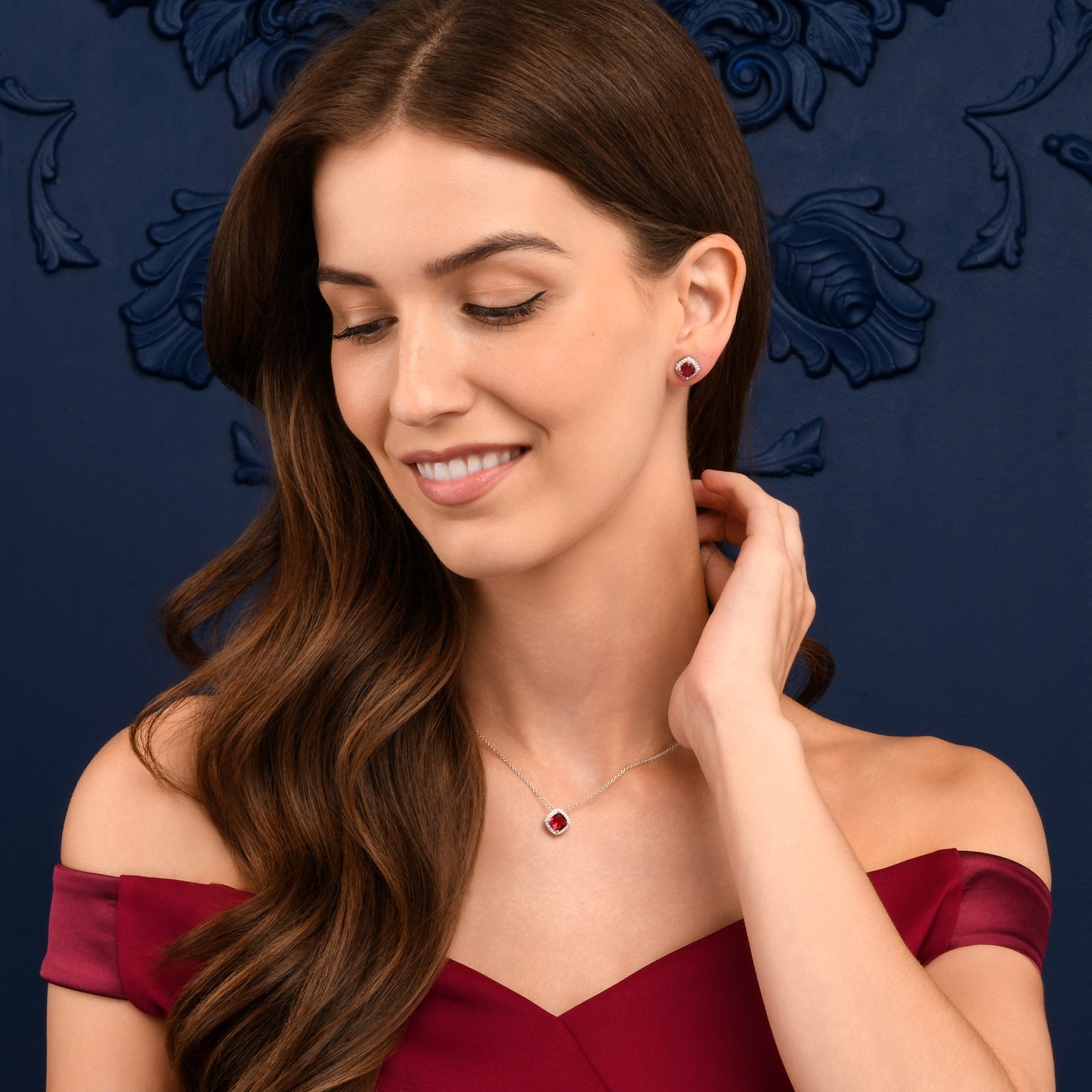 925 Sterling Silver Red Cubic Zirconia Cushion Halo Stud Earrings