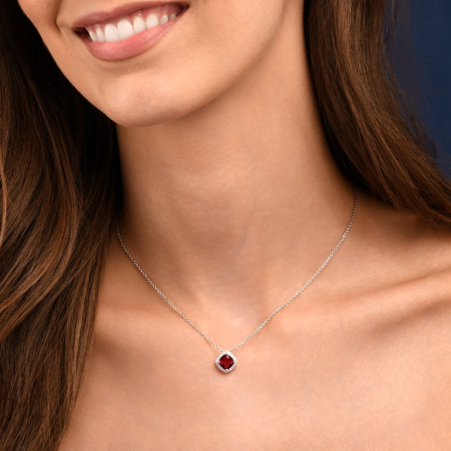 925 Sterling Silver Red Cubic Zirconia Cushion Halo Pendant Necklace