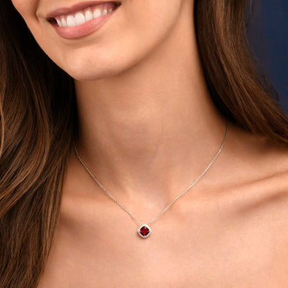 925 Sterling Silver Red Cubic Zirconia Cushion Halo Pendant Necklace