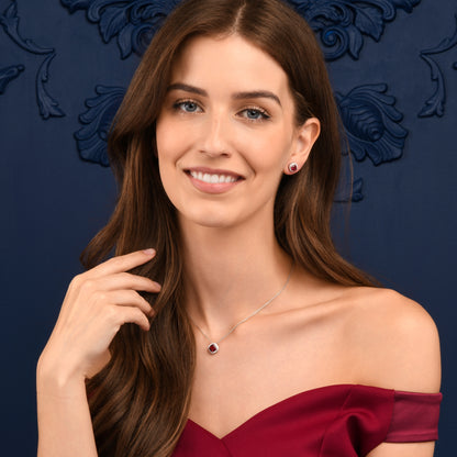 925 Sterling Silver Red Cubic Zirconia Cushion Halo Pendant Necklace