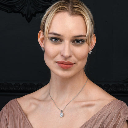 925 Sterling Silver Emerald Cut White Halo Pendant Necklace For Women