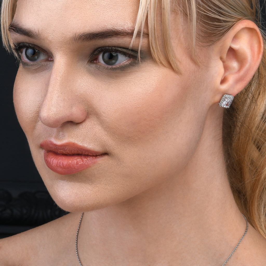 925 Sterling Silver Emerald Cut White Halo Stud Earrings For Women