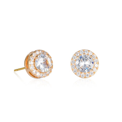 Gold Plated Classic Round Halo Stud Earrings with Clear Cubic Zirconia For Women