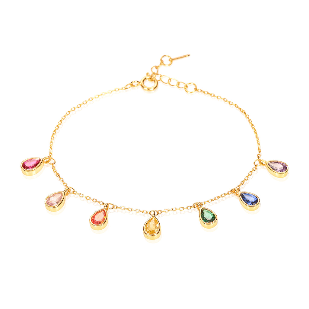 Gold Plated 925 Sterling Silver Rainbow Coloured Pear Shaped Charm Bracelet for Women