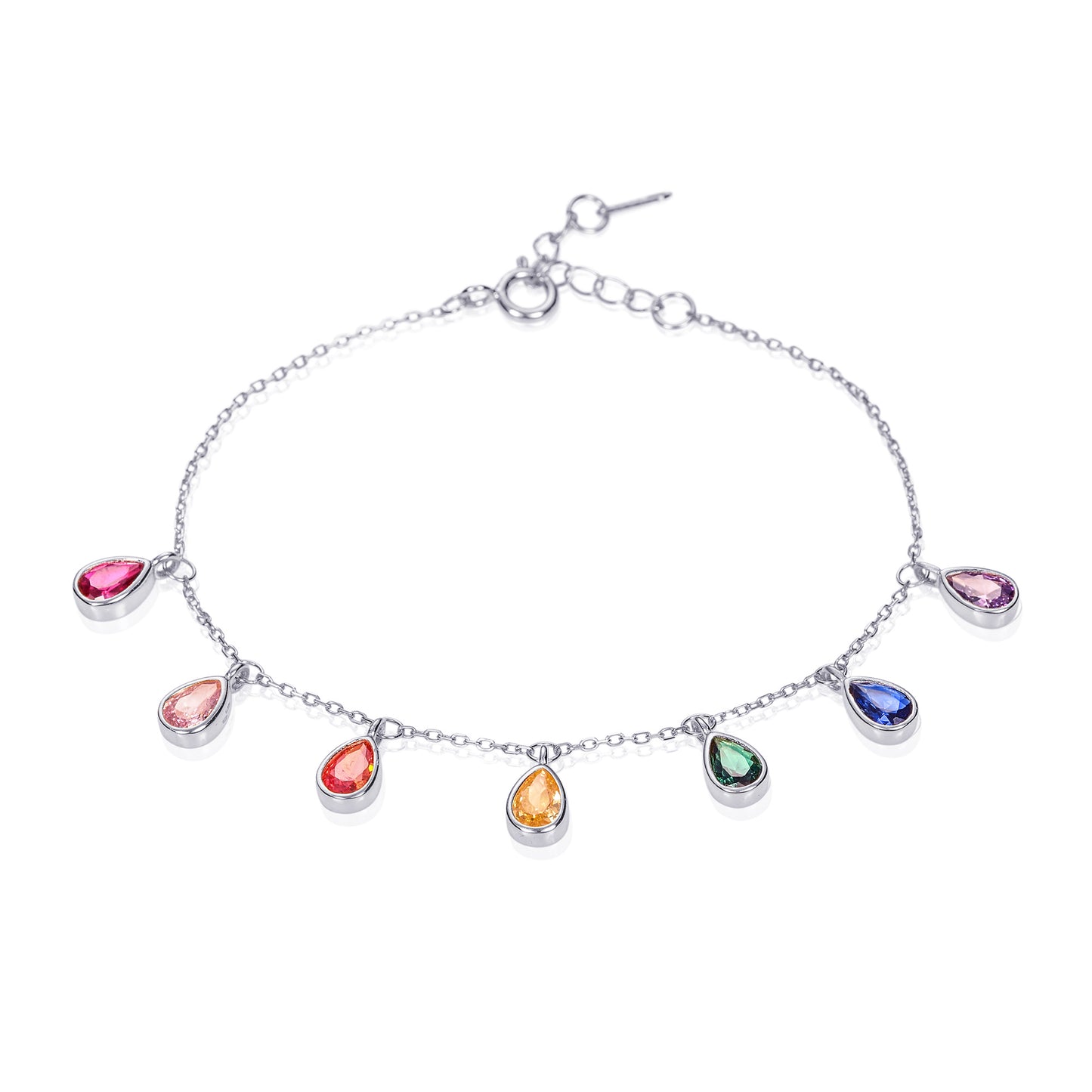 925 Sterling Silver Rainbow Coloured Pear Shaped Charm Bracelet for Women
