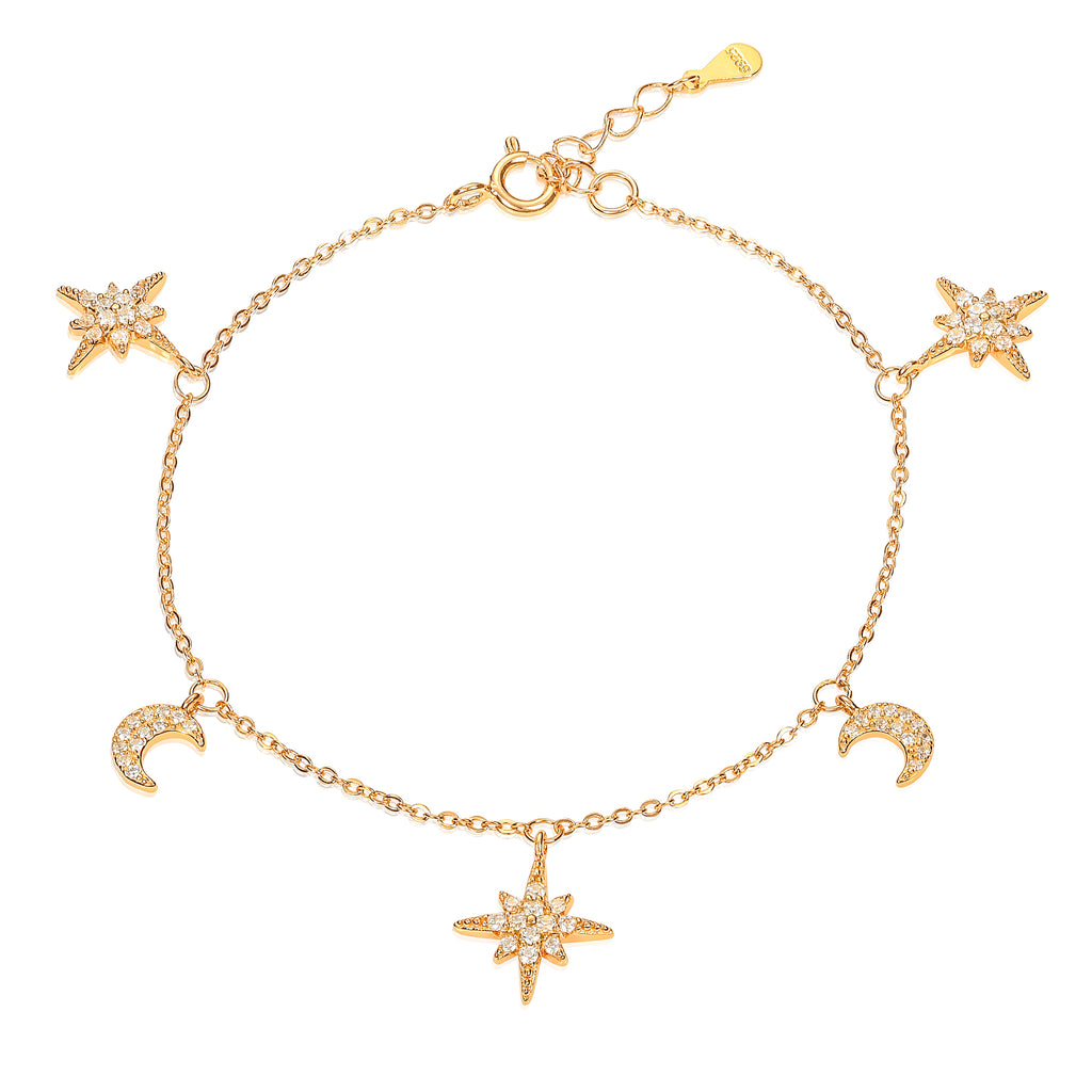 Dainty Gold Plated 925 Sterling Silver Moon and Star Charm Bracelet For Women