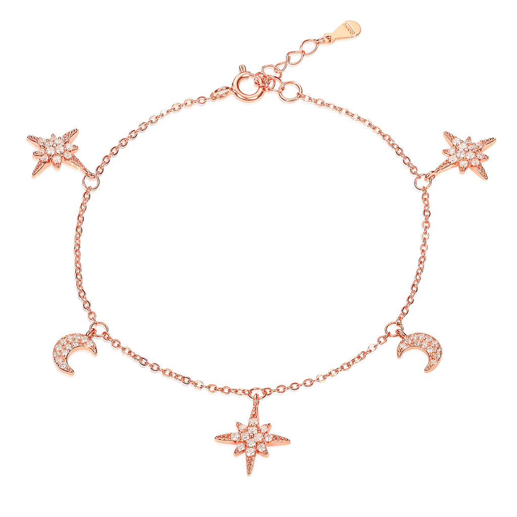 Dainty Rose Gold Plated 925 Sterling Silver Moon and Star Charm Bracelet For Women