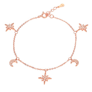 Dainty Rose Gold Plated 925 Sterling Silver Moon and Star Charm Bracelet For Women