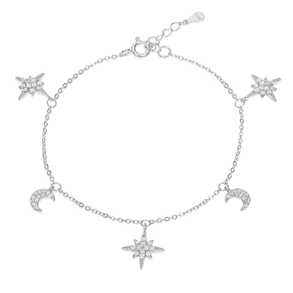 Dainty Moon and Star Charm Bracelet in 925 Sterling Silver For Women