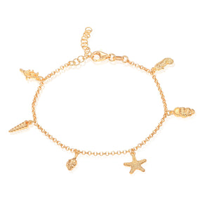 Gold Plated Sterling Silver Bracelet with Starfish, Shells, Seahorse and Coral Charms for Women