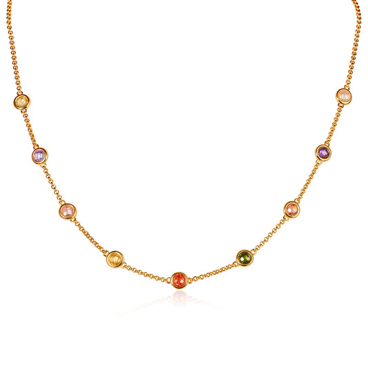 Gold Plated Sterling Silver Chain Necklace with Multi Coloured Cubic Zirconia Stones