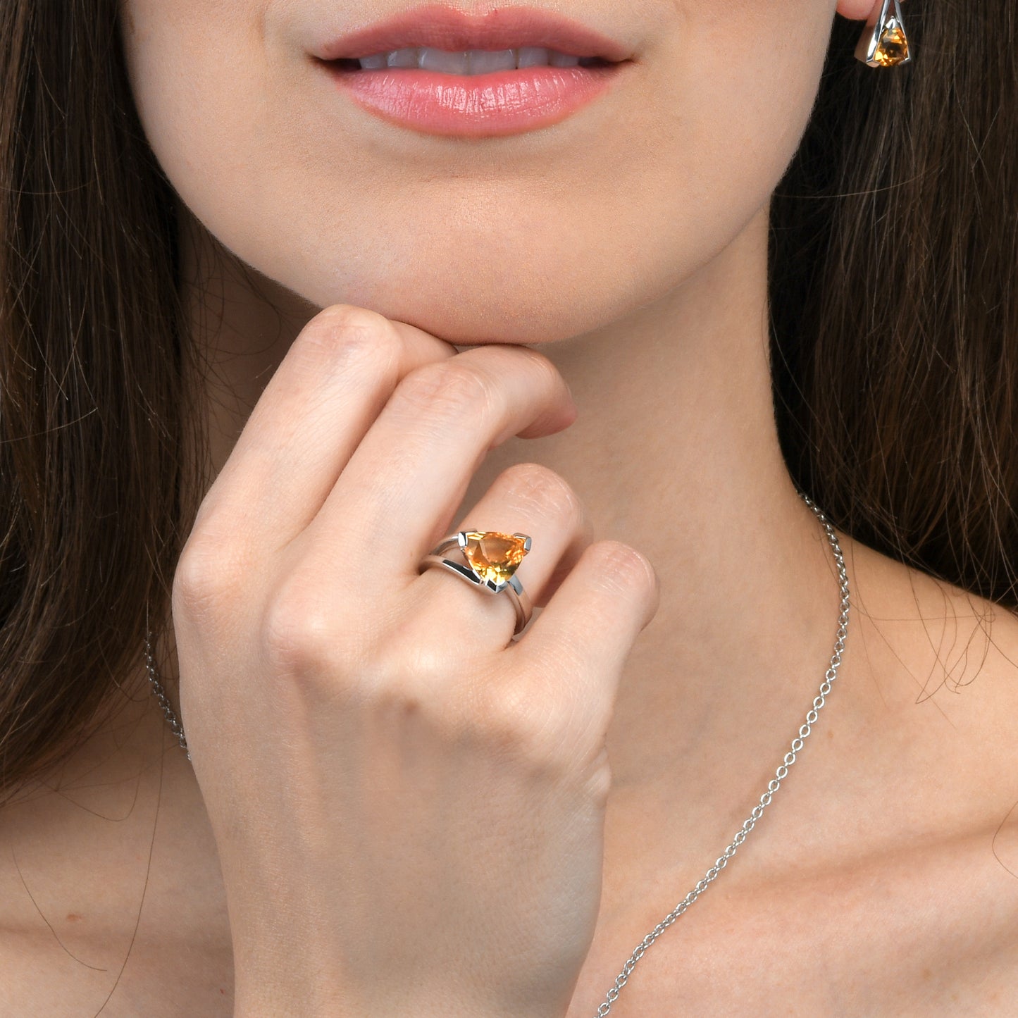 925 Sterling Silver Trillion Cut Citrine Gemstone Ring For Women