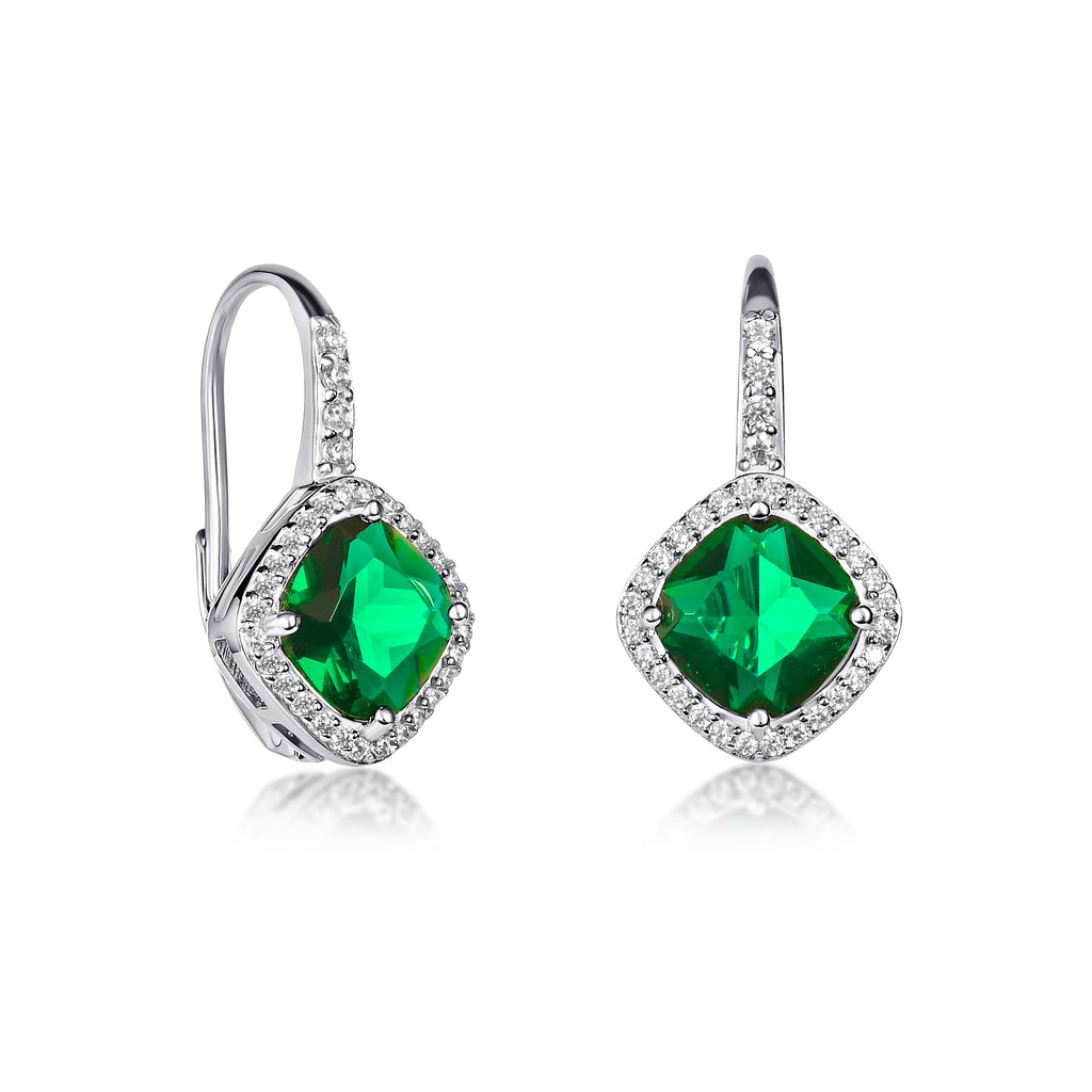 925 Sterling Silver Leverback Green Cushion Shaped Drop Earrings