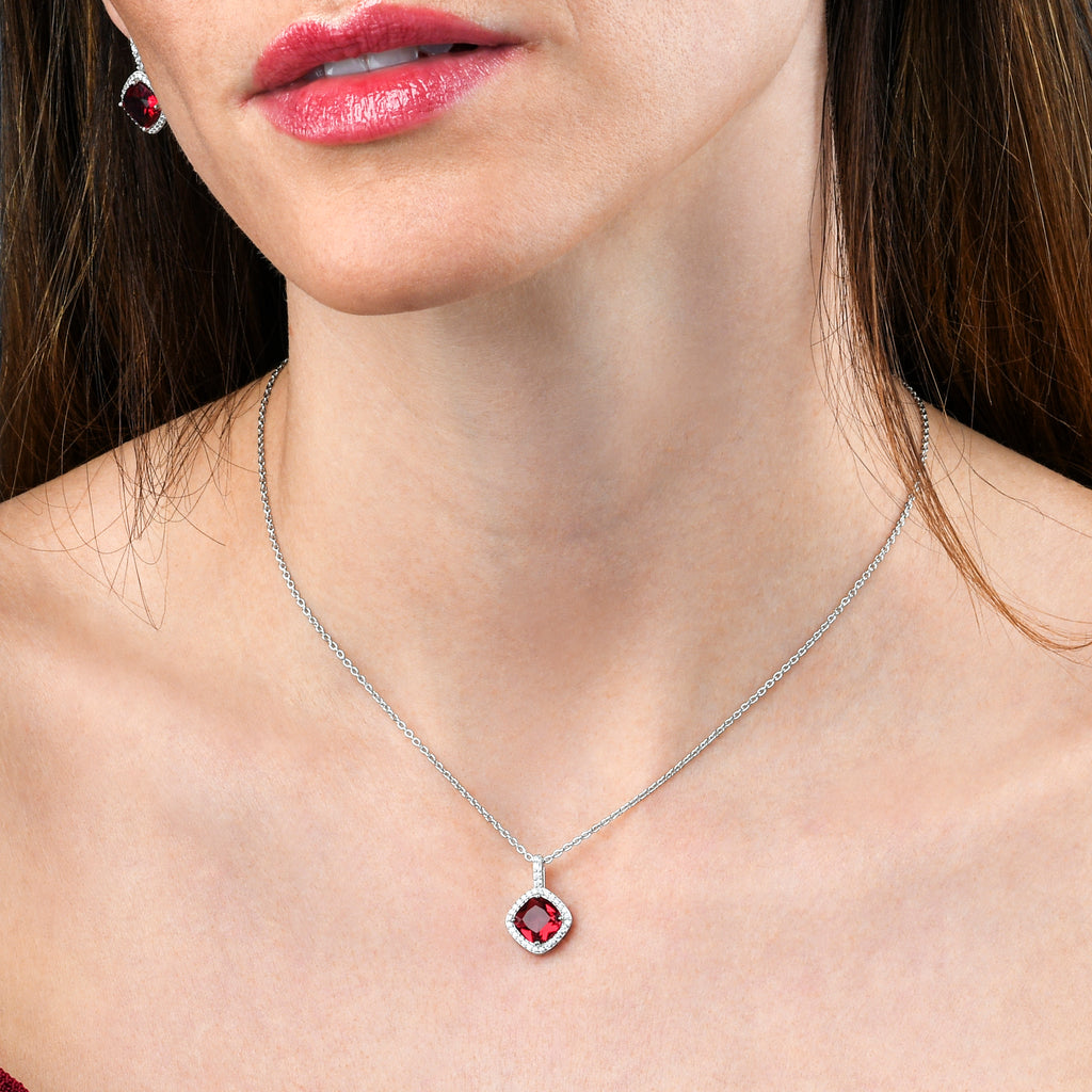 925 Sterling Silver Red Cushion Shaped Halo Pendant Necklace For Women