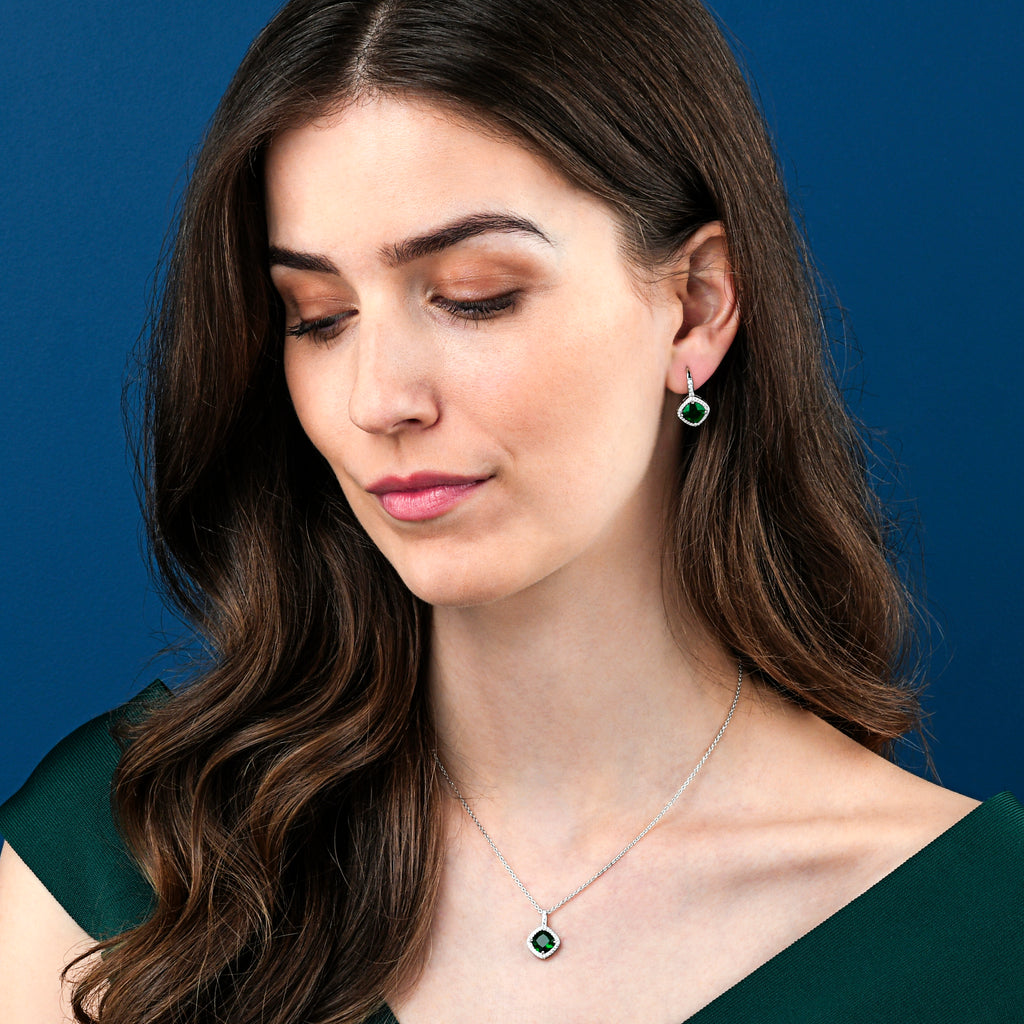 925 Sterling Silver Green Cushion Shaped Halo Pendant Necklace For Women