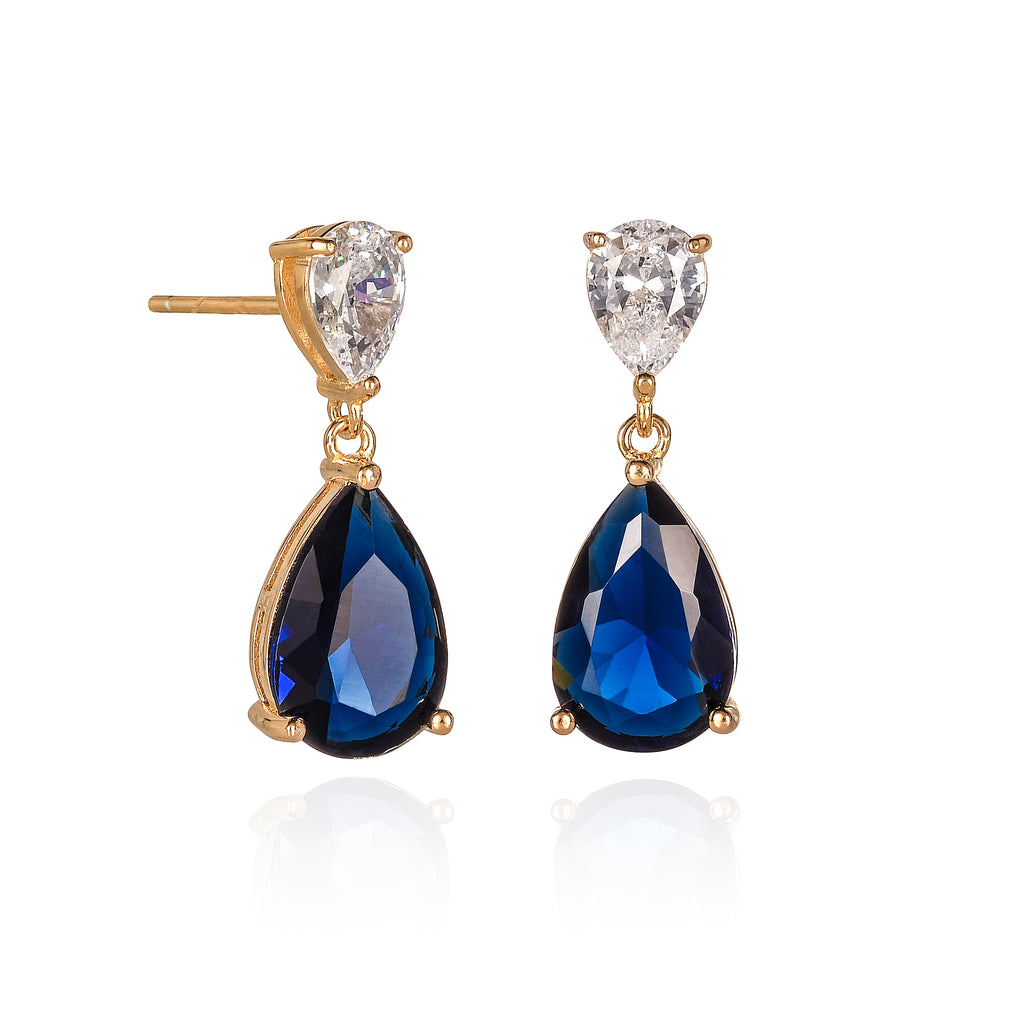 Gold Plated 925 Sterling Silver Blue Pear Shaped Drop Earrings For Women