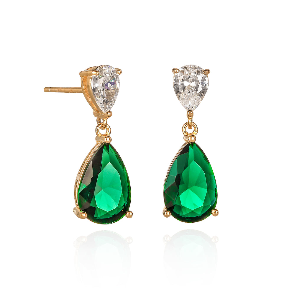 Gold Plated 925 Sterling Silver Green Pear Shaped Drop Earrings For Women