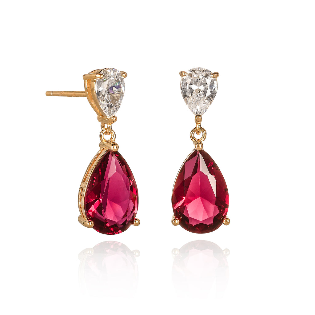 Gold Plated 925 Sterling Silver Red Pear Shaped Drop Earrings For Women