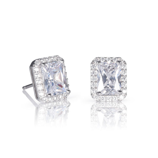 925 Sterling Silver Emerald Cut White Halo Stud Earrings For Women