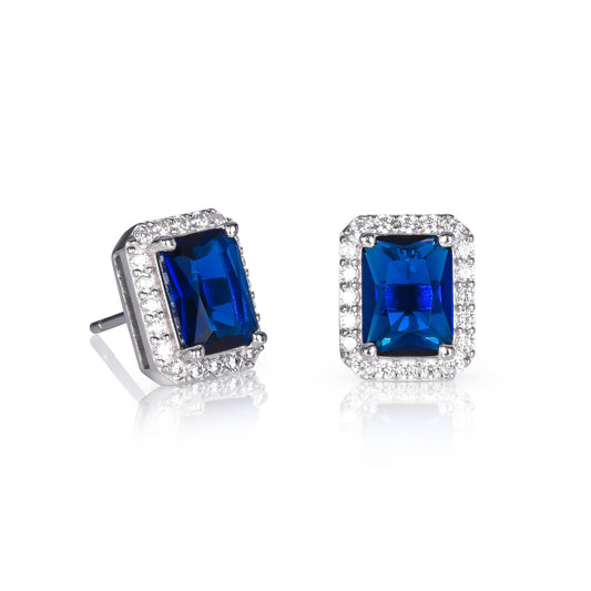 925 Sterling Silver Emerald Cut Blue Halo Stud Earrings For Women
