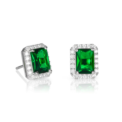 925 Sterling Silver Emerald Cut Green Halo Stud Earrings For Women