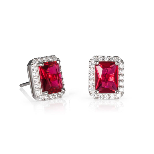 925 Sterling Silver Emerald Cut Red Halo Stud Earrings For Women