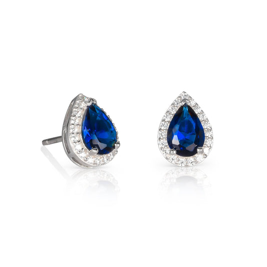 925 Sterling Silver Pear Shaped Blue Halo Stud Earrings For Women