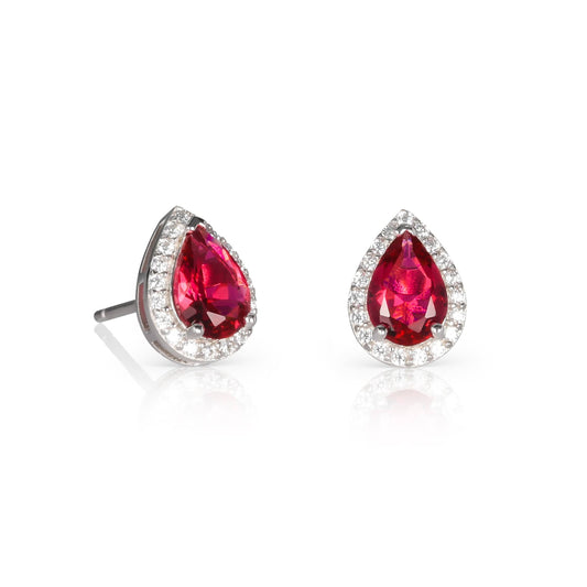 925 Sterling Silver Pear Shaped Red Halo Stud Earrings For Women