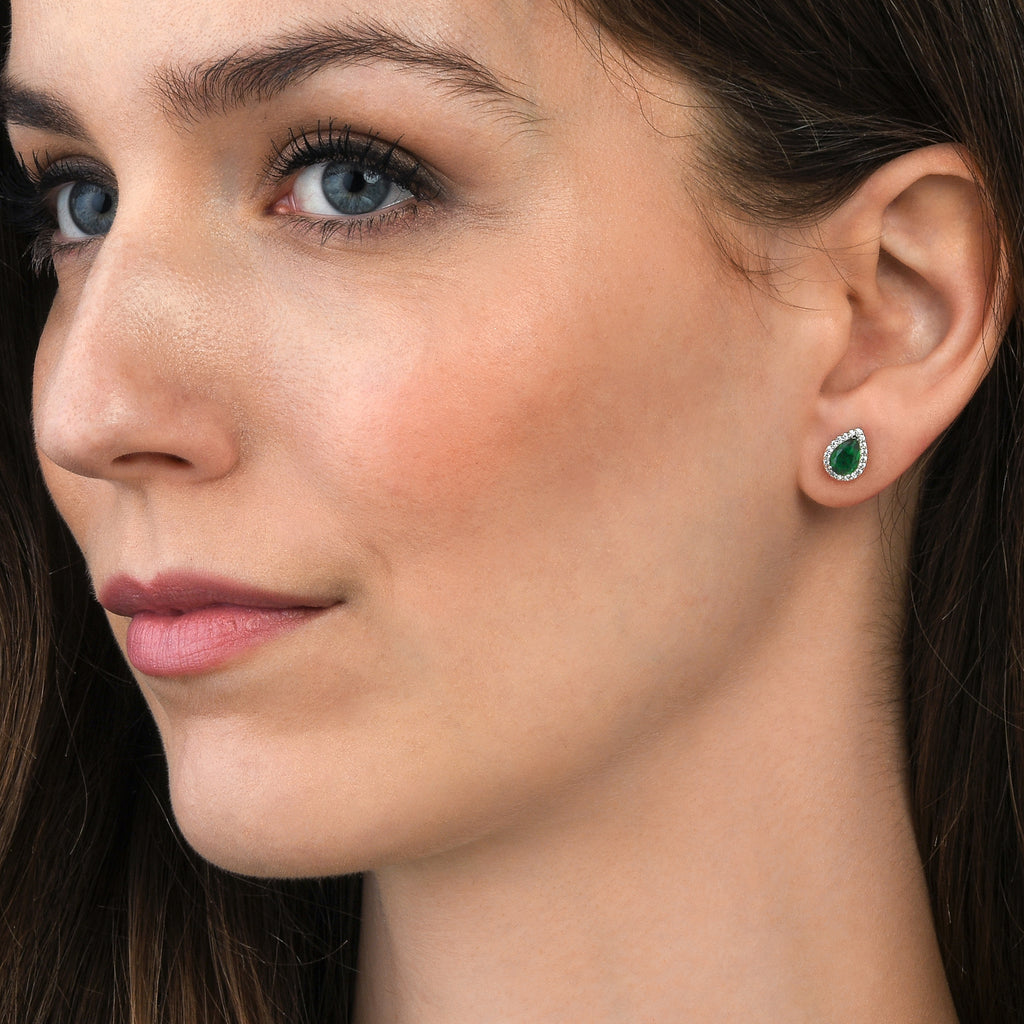 925 Sterling Silver Pear Shaped Green Halo Stud Earrings For Women
