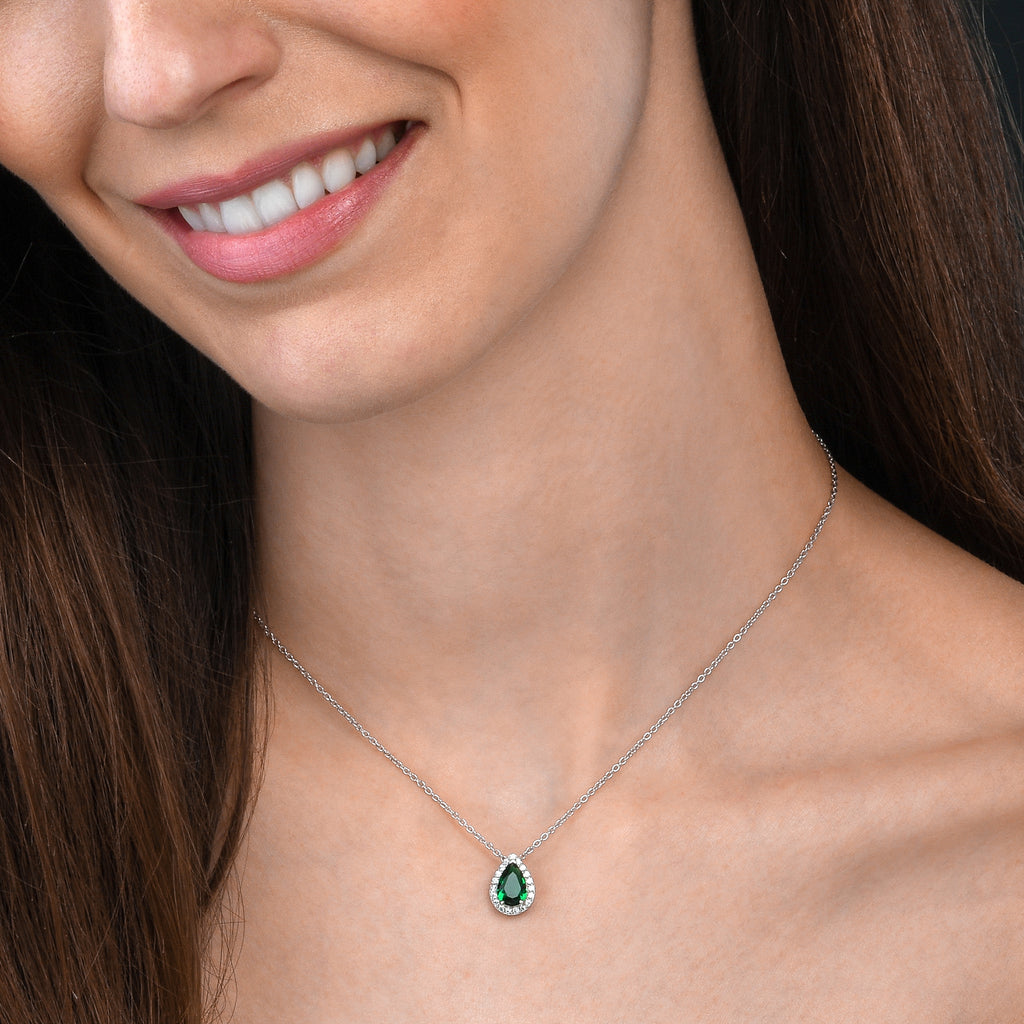 925 Sterling Silver Pear Drop Green Halo Pendant Necklace for Women
