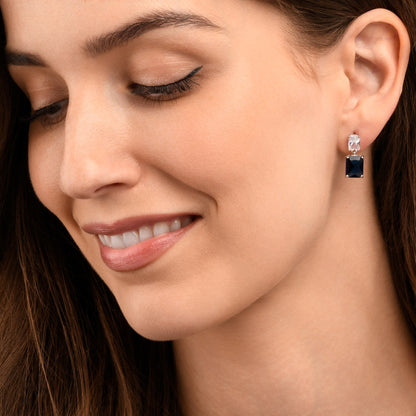 Blue 925 Sterling Silver Double Rectangle Cubic Zirconia Dangle Earrings