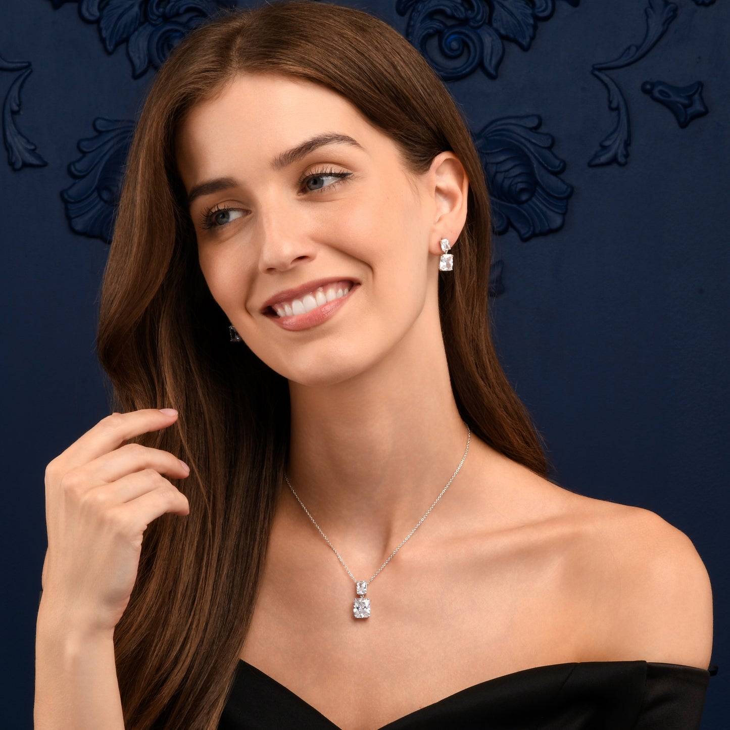 925 Sterling Silver Double Rectangle Cubic Zirconia Dangle Earrings