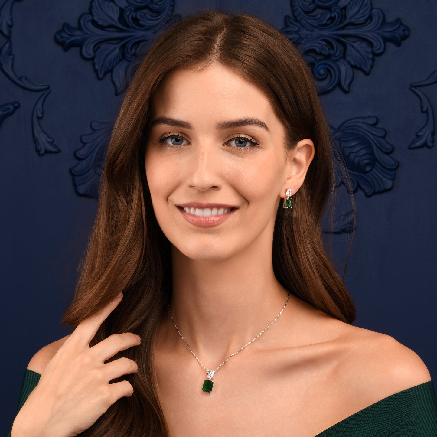 Green 925 Sterling Silver Double Rectangle Cubic Zirconia Dangle Earrings