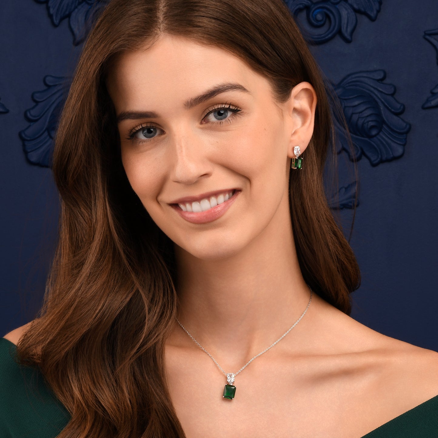 Green Sterling Silver Double Rectangle Statement Pendant Necklace