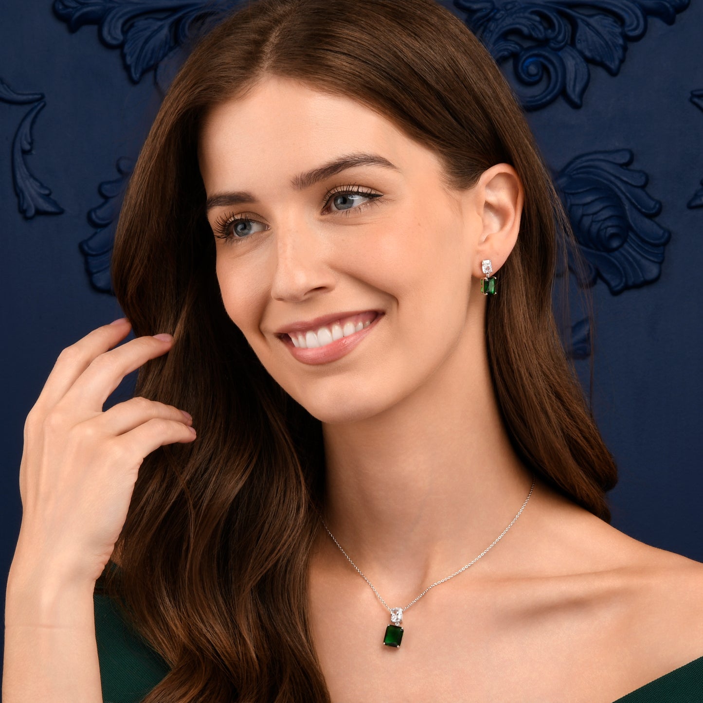 Green 925 Sterling Silver Double Rectangle Cubic Zirconia Dangle Earrings