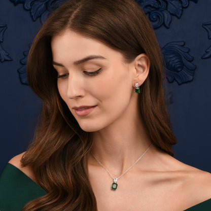 Green Sterling Silver Double Rectangle Statement Pendant Necklace