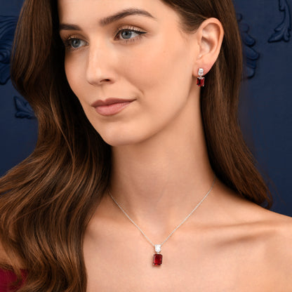 Red 925 Sterling Silver Double Rectangle Cubic Zirconia Dangle Earrings