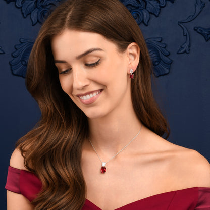 Red 925 Sterling Silver Double Rectangle Cubic Zirconia Dangle Earrings