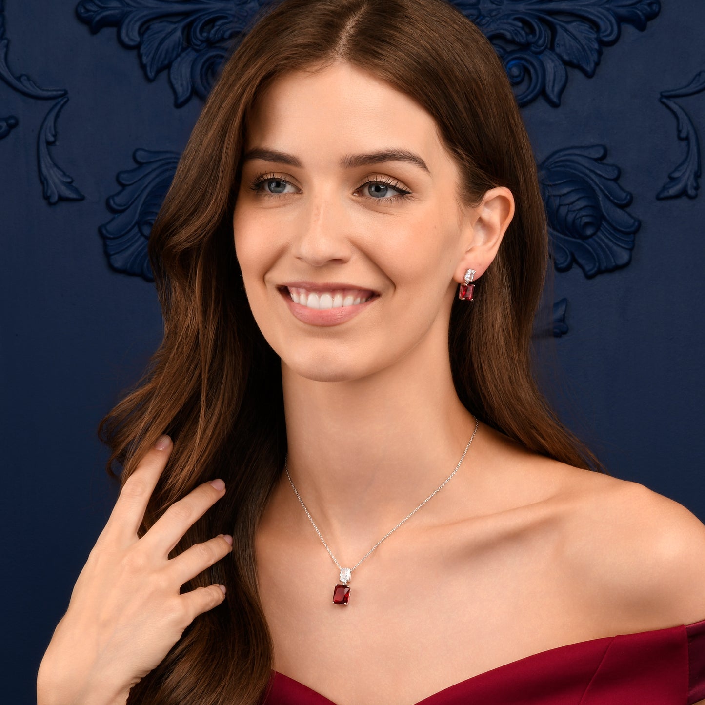 Red Sterling Silver Double Rectangle Statement Pendant Necklace