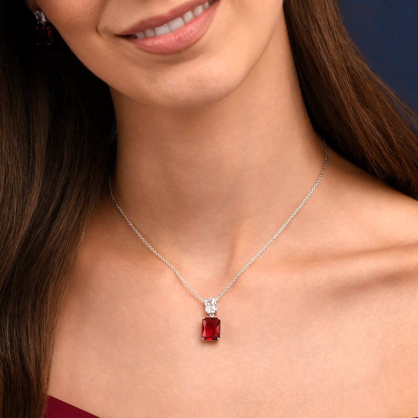 Red Sterling Silver Double Rectangle Statement Pendant Necklace