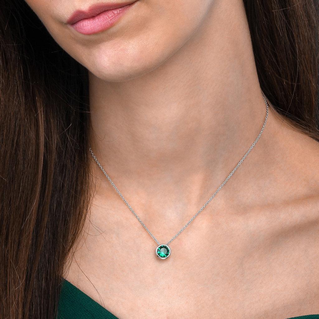 925 Sterling Silver Green Solitaire Bezel Set Pendant Necklace for Women